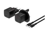 Belkin BoostCharge - Strømbank + AC-strømadapter - 10000 mAh - 3 utgangskontakter (USB-C, 2 x USB) - på kabel: USB-C - med pose med glidelås BU041HQBK